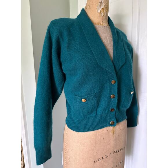 Vintage Lauren Cole Teal Wool angora Cardigan jacket knit blazer gold buttons P - Picture 7 of 15
